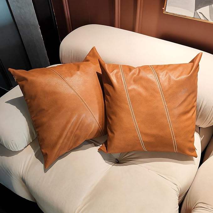 Faux Leather Throw Pillow Covers 18X18 Inch Set of 2 Brown Outdoor Modern Farmhouse Solid Decorative Pillow Covers for Room Couch Living Bedroom Bed Sofa Parallel Stitching