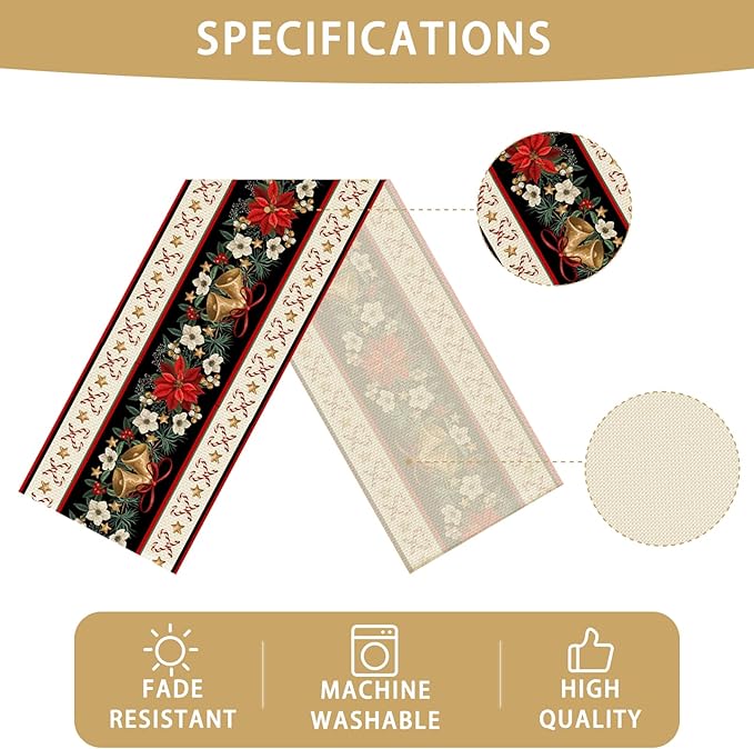 Christmas Bells Table Runner Burlap Kitchen Dining Linen Table Decoration for Indoor Outdoor Home Party Dinner 13x72 Inch