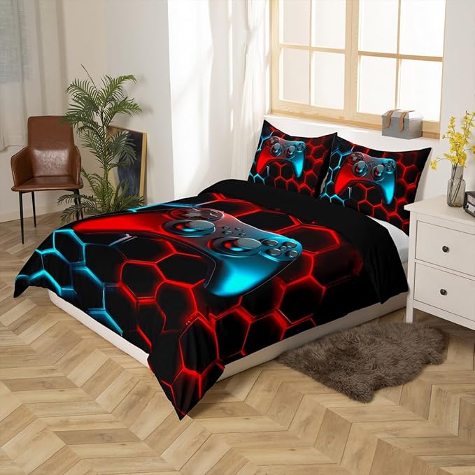 Castle Fairy Teen Boys Gamer Duvet Cover Queen Size for Game Room Decor,Modern Honeycomb and Gamepad Pattern Bedding Set,Fashion Gaming Theme Comforter Cover with 2 Pillowcases,Blue Red