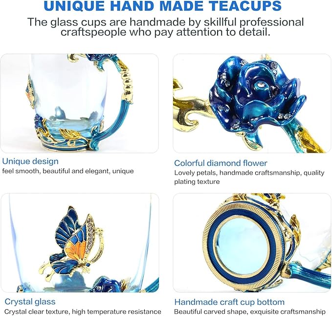 Birthday Gifts For Women,Butterfly Flower Glass Tea Cup Sky Blue Rose Coffee Mug For Women Mom Wife Sister Coworker Female Friend on Anniversary Christmas Mothers day Presents