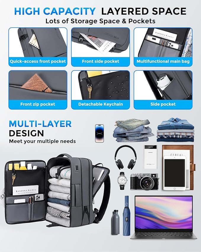 17.3 Inch Travel Laptop Backpack for Men, Water Resistant Carry On Backpack with USB Port, Expandable Computer Daypack, Grey Business Backpack for College/Work