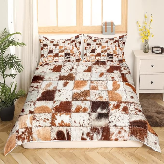 Feelyou Retro Farmhouse Duvet Cover Set Splicing Cow Printed Comforter Cover for Kids Adults Cattle Fur Country Style Bedding Set 1 Duvet Cover & 2 Pillowcases
