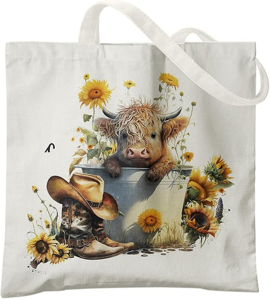 Western Highland Cow Canvas Tote Bag - Highland Cow Lover Gifts,Canvas Shoulder Bag for Women for Girls