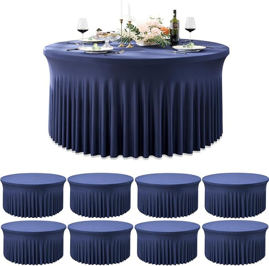 Outpain 8 Pack Navy Blue Spandex Round Tablecloths - Fitted 132in Wrinkle Free Table Covers with Skirt for 72in Table, Wedding Party Dining Banquet
