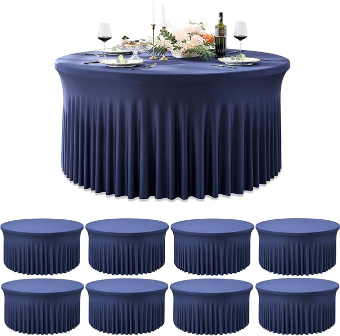 Outpain 8 Pack Spandex Navy Blue Round Tablecloths for 60in Tables, 120Inch Stretchy Fitted 5FT Round Table Clothes,Wrinkle Free Table Cover with Skirt for Wedding Party Dining Banquet