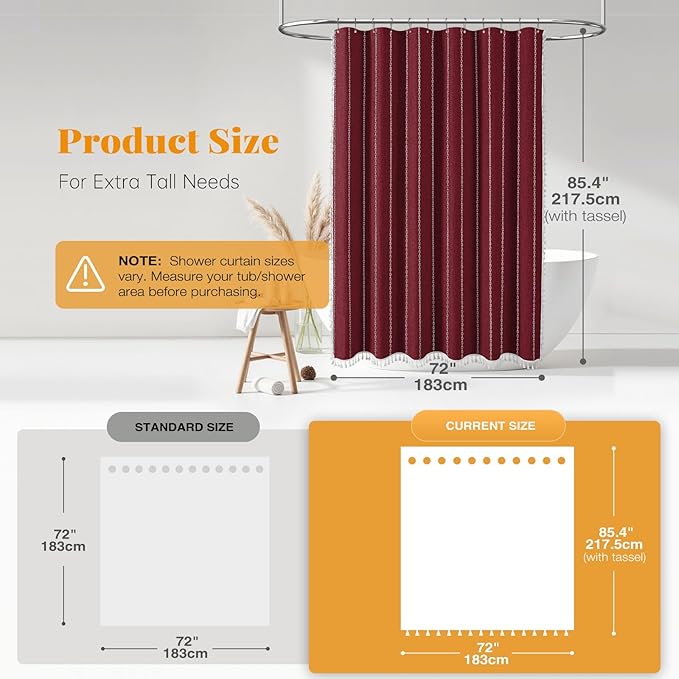 BTTN Extra Long Shower Curtain, 72x84 Inch Long Boho Striped Fabric Linen Shower Curtain Set with 12 Hooks, Tall Modern Farmhouse Elegant Heavy Duty Thick Cloth Shower Curtains for Bathroom, Burgundy