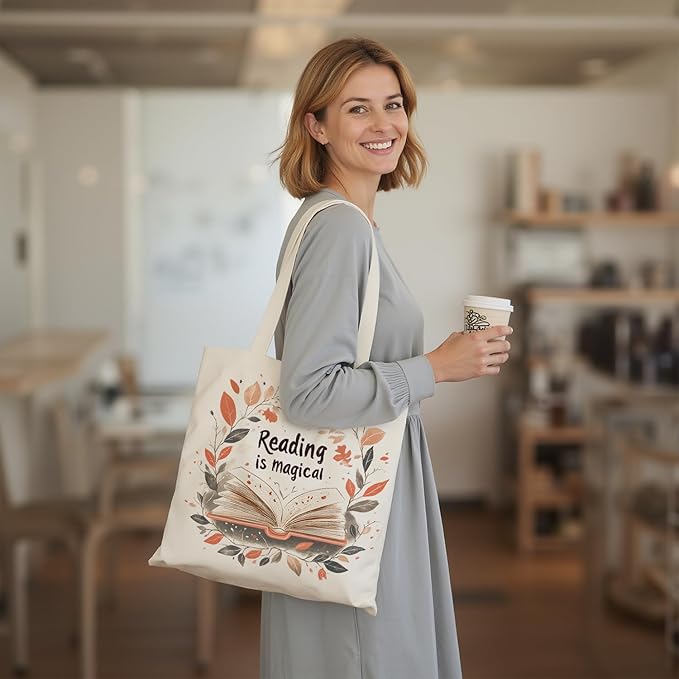 Canvas Tote Bag for Women, Aesthetic Tote Bag with Zipper Pocket for Grocery Travel Work Gift, Canvas Shopping Bag