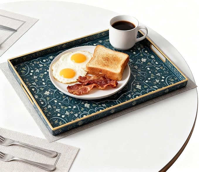 Plastic Serving Tray with Handles,Large Ottoman Tray for Living Room,Large Rectangle Trays for Ottoman Coffee Table,Decorative Blue Boho Serving Trays for Home Decor,16" x 12"