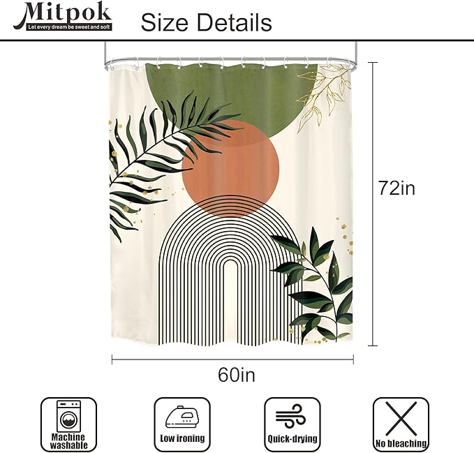Green Boho Shower Curtain 60Wx72H Abstract Bohemian Modern Leaves Mid Century Minimalist Contemporary Plant Bathroom Decor Simple Neutral Bath Curtain Fabric Polyester 12 Pack Hooks