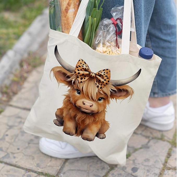 Western Highland Cow Canvas Tote Bag - Highland Cow Lover Gifts,Canvas Shoulder Bag for Women for Girls