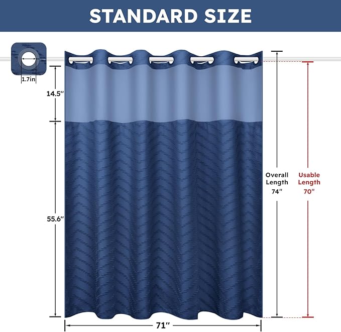 No Hook Shower Curtain and Snap in Liner Set Navy Blue Tufted Chevron Striped Cloth Waterproof Washable Fabric Boho Bath Curtain with See Through Mesh Top Window for Bathroom Hotel 71" x 74"