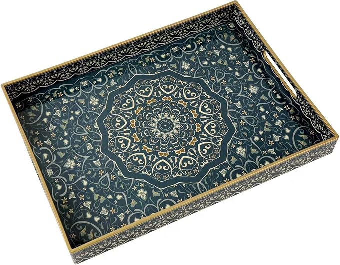 Plastic Serving Tray with Handles,Large Ottoman Tray for Living Room,Large Rectangle Trays for Ottoman Coffee Table,Decorative Blue Boho Serving Trays for Home Decor,16" x 12"