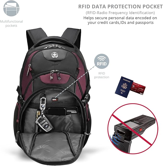 Swissdigital Design Laptop Backpack with USB Charging Port, Travel Backpack Fits 15.6 inches Computer, 31L College School Backpack for Women, Burgundy/Black | SD803