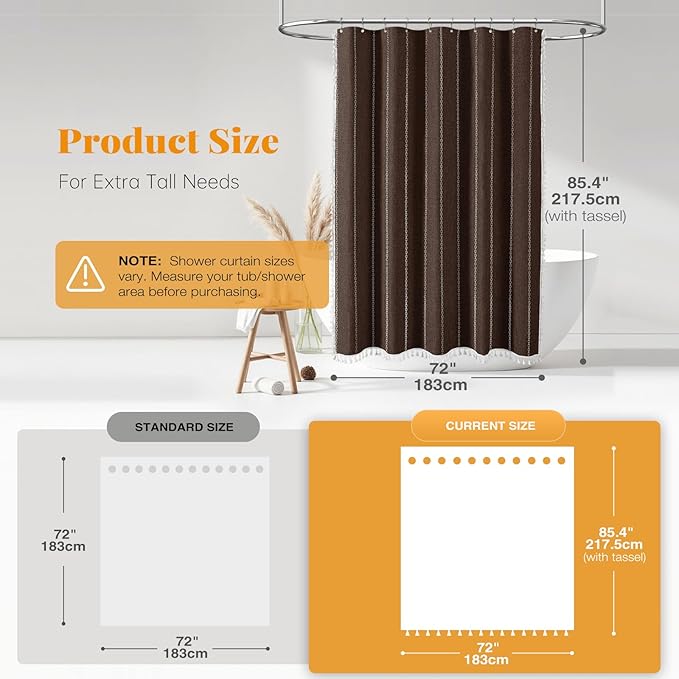 BTTN Extra Long Shower Curtain - 72x84 Long Boho Rustic Chic Striped Tassel Linen Fabric Shower Curtain Set with Hooks, Tall Modern Farmhouse Cute Heavy Duty Cloth Shower Curtains for Bathroom - Brown