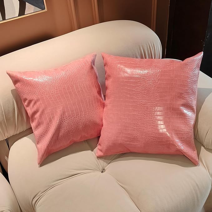 Faux Leather Throw Pillow Covers 18X18 Inch Set of 2 Pink Outdoor Modern Farmhouse Solid Decorative Pillow Covers for Room Couch Living Bedroom Bed Sofa