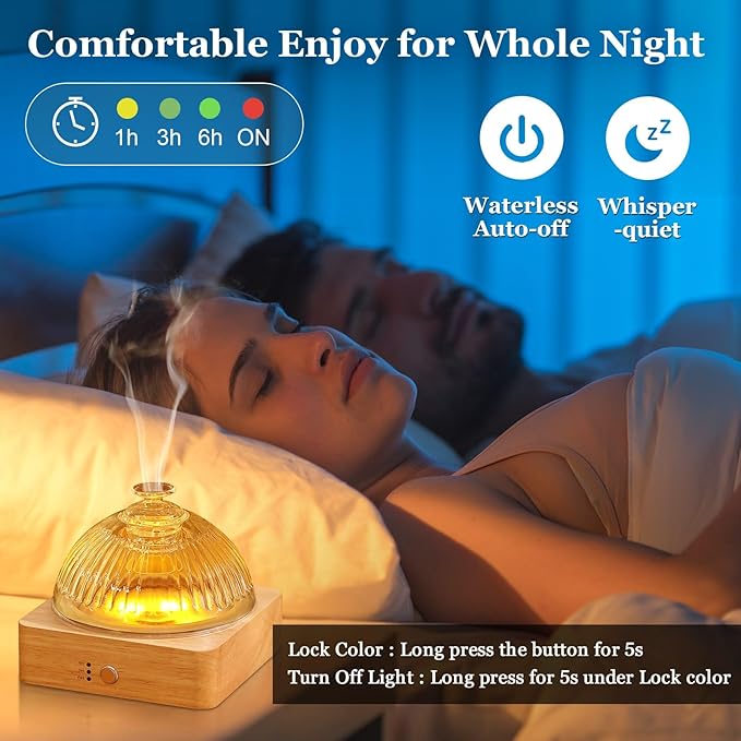 Glass Essential Oil Diffuser with Glass Reservoir & Wood Base, 200ml Ultrasonic Lock Color Timer Auto-Off 7 Color Light Aroma Glass Dome Diffuser for Home Office Bedroom Yoga