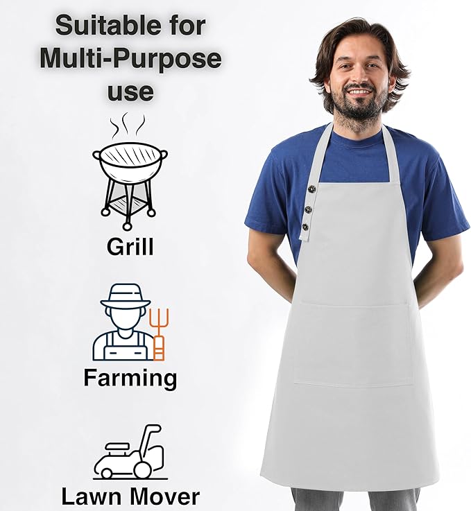 TOSHE Kitchen Apron Waterdrop Resistant Cotton Apron with adjustable Aprons for Women with Pockets 10 Color option Cooking Silver Apron (Silver)