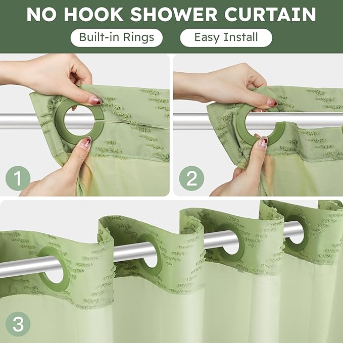 No Hook Shower Curtain and Snap in Liner Set Sage Green Tufted Chevron Striped Cloth Waterproof Washable Fabric Boho Modern Bath Curtain See Through Mesh Top Window for Bathroom Hotel 71" x 86"