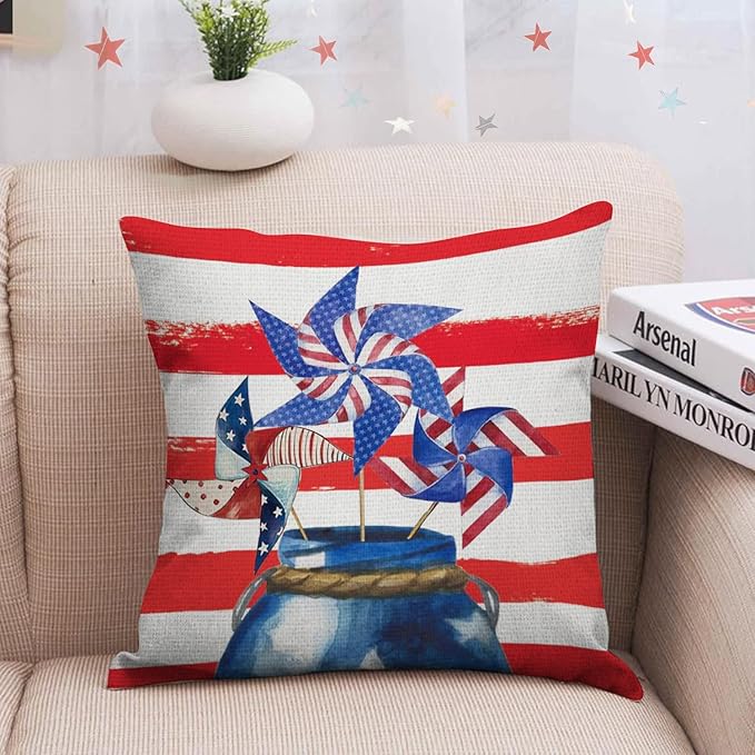 COMMINY 4th of July Pillow Covers 18x18 Set of 6 Patriotic Stripes Throw Pillow Cover American Flag Pillow Case Independence Memorial Day Decorations for Couch Home