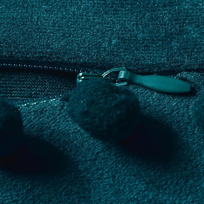 DEZENE Throw Pillow Cases 24x24 Teal: 2 Pack Cozy Soft Pom-poms Velvet Square Decorative Pillow Covers for Farmhouse Home Decor