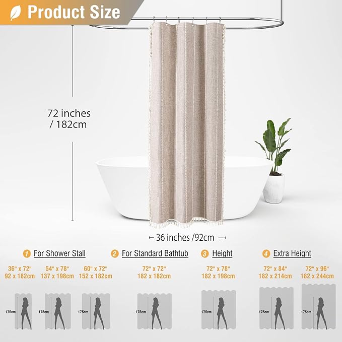 BTTN Boho Shower Stall Curtain - 36x72 Narrow Linen Ultra Thick Striped Tassel Fabric Shower Curtain Set with 6 Hooks, Half Modern Farmhouse Cottage Weighted Shower Curtains for Bathroom -Tan/Taupe