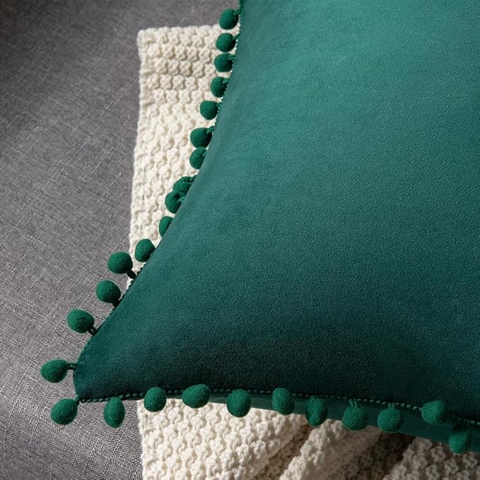 DEZENE Decorative Pillow Covers 16x16 Green: 2 Pack Cozy Soft Pom-poms Velvet Square Throw Pillow Cases for Farmhouse Home Decor