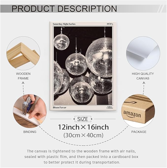 70s Disco Ball Newspaper Wall Art Vintage Black and White Art Posters 12x16 inch Framed Funky Aesthetic Canvas Prints Retro Bar Cart Decor for Bar Bedroom