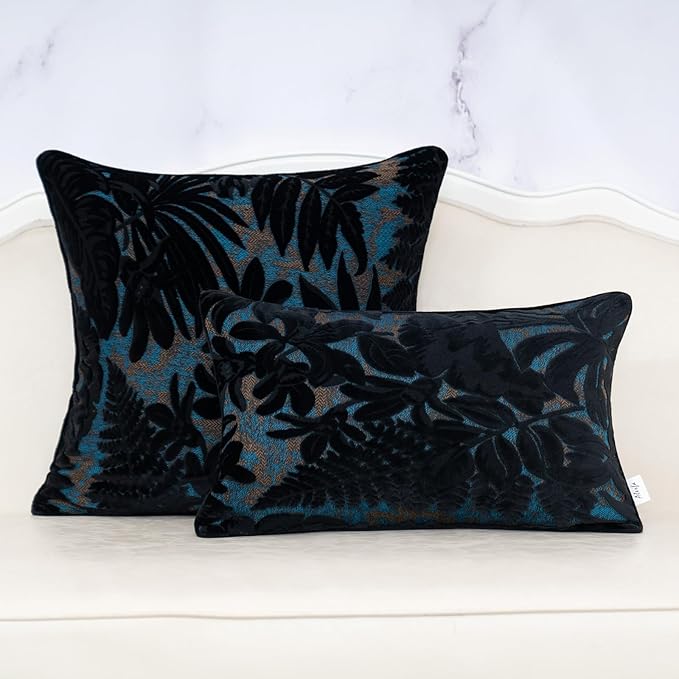 Alerfa Black Throw Pillow Cover 20x20 Inch, Square Cut Velvet Maple Leaf Embroidery Luxury Farmhosue Accent Decorative Pillow Cover for Couch Living Room Bedroom