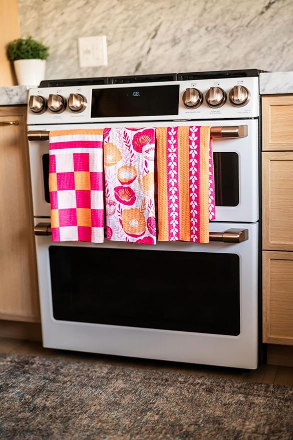 || 3 Pack|| Double Sided || Not Your Ordinary Dish Towels || Waffle Weave Microfiber || Highly Absorbent || Hanging Loop || Dish Cloths || Modern || Designer Prints|| Pink & Orange