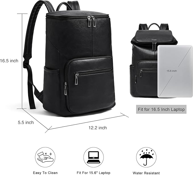 Leather Laptop Backpack for Women, 15.6 Inch Travel Backpack with Laptop Compartment, Casual Daypack Fashion Travel Backpack Purse for Travel College Work, Black