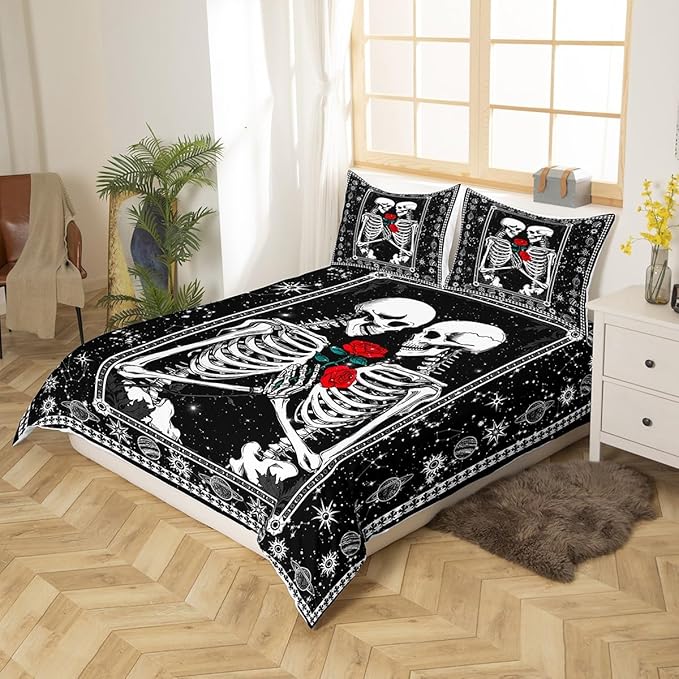Skull Duvet Cover King Size,Kissing Lovers Skeleton Sugar Skull Bedding Set 3pcs for Teens Adults,Starry Galaxy Constellation Comforter Cover Soft Quilt Cover Bedroom Decor Bedspread,No Comforter