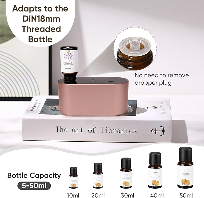 Waterless Diffuser for Essential Oil, Battery Operated Scent Air Aromatherapy Diffuser, Mini Aroma Diffusers with 3 Intermittent Mist Modes, Cycle Start for Home Office Bedroom - Rose Gold