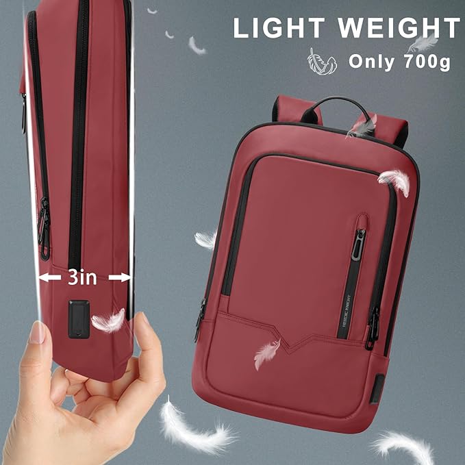 hk Backpack for Men Business Slim Backpack with USB Charger Computer Lightweight Anti-theft Travel (Red, 17.3 Inch)
