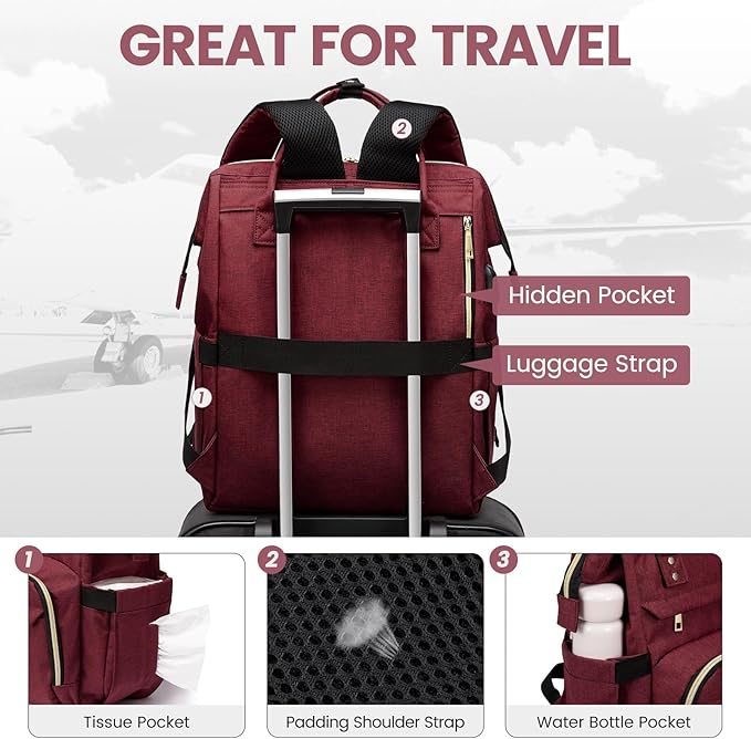 LOVEVOOK Laptop Backpack for Women,18 Inch Professional Womens Travel Backpack Purse Computer Laptop Bag Nurse Teacher Backpack,Waterproof College Work Bags Carry on Back Pack with USB Port,Wine Red