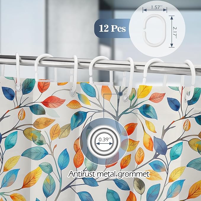 Aimego Spring Colorful Shower Curtain -Summer Nature Botanical Watercolor Plant Leaves Floral Fabric Cloth Bath Shower Curtain Set with 12 Hooks for Bathroom Decor Accessories, 72"x72"