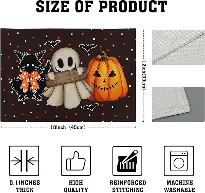 Giwawa Halloween Placemats Set of 4 Spooky Pumpkin Ghost Black Cat Bats Place Mat 12x18inch for Kitchen Tabletop Indoor Outdoor Non Slip Heat Resistant Table Mats for Dining Holiday Decor