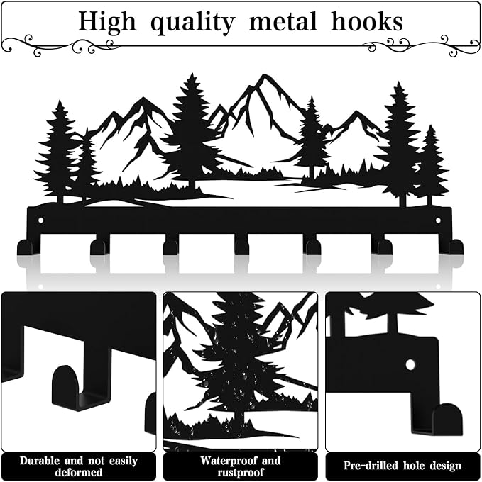 Key Holder Wall Mounted Key Hooks, Black Metal Key Rack Hooks, The Great Grove, Mountain Theme Wall Decoration Hooks, with 7 Hooks, Applicable to Front Doors, Lobby,Corridor, Offices (12 ")