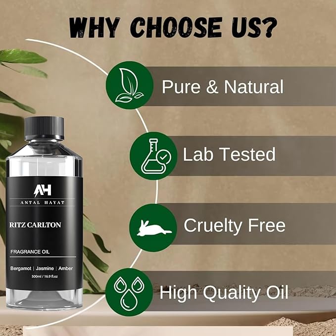 Hotel Diffuser Oil Inspired by The Ritz Carlton Hotel 500ml - Diffuser Oil Blends for Aromatherapy - Notes of Bergamot, Jasmine & Amber - Premium Fragrance Oil for Ultrasonic and Waterless Diffusers