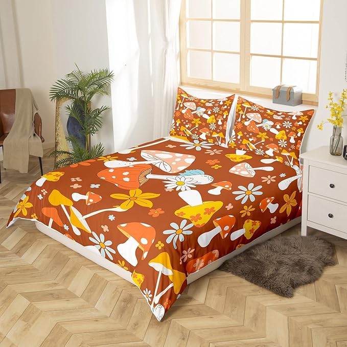 Castle Fairy 60s 70s Retro Hippie Full Size Duvet Cover Set,Groovy Flowers Mushroom Print Duvet Cover for Girls Teens Decorative Bedroom,Boho Art Polyester Quilt Cover with 2 Pillowcases