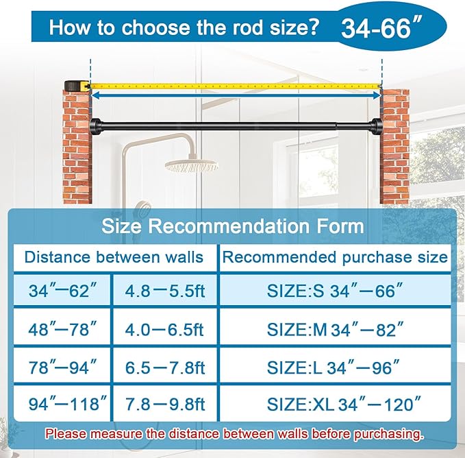 YNL Tension Shower Curtain Rod 34-66 Inch, Adjustable Spring Tension Curtain Rod No Drilling, Non-Slip, Never Rust, Stainless Steel, for Small Window Laundry Door Entryway, Matte Black