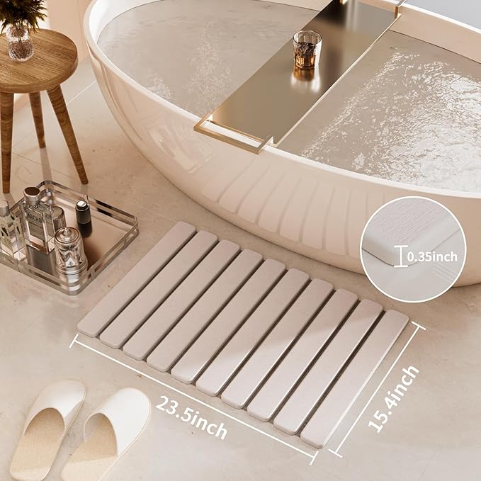 Foldable Stone Bath Mat, Quick Dry Stone Drying Mats for Bathroom, Super Absorbent Bath Mat, Non Slip, Large Diatomaceous Earth Dish Drying Mats for Kitchen Counter 23.5 x 15.4in, Off-White