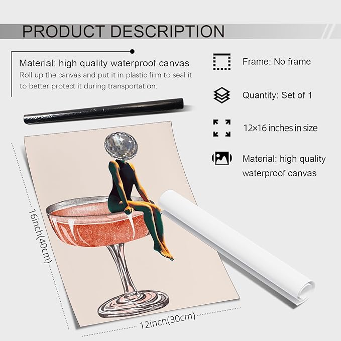 Sufeasdf Funky Disco Ball Girly Head Poster 70s Retro Cocktail Canvas Wall Art Trendy Vintage Beige Prints Painting for Family Bar Wall Decor 12x16 inch Unframed