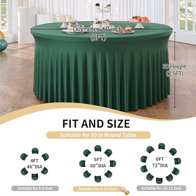 Outpain 6 Pack Spandex Hunter Green Round Tablecloths for 60in Tables, 120Inch Stretchy Fitted 5FT Round Table Clothes,Wrinkle Free Table Cover with Skirt for Wedding Party Dining Banquet