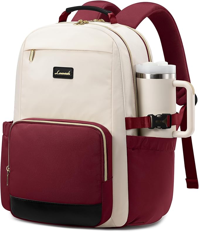 LOVEVOOK Laptop Backpack for Women with Pouch Pocket for Large Capacity Cup,15.6 Inch Teacher Nurse College Work Backpack Purse,Waterproof Laptop Bag Computer Back Pack for Travel, Beige-Red-Black