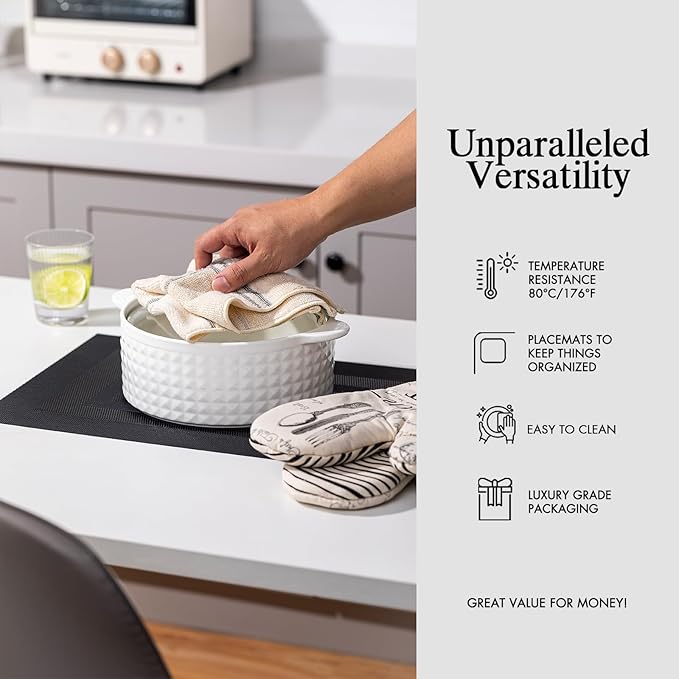 Placemat Set of 4 - Easy Clean Woven Vinyl Placemats for Dining Table, Indoor/Outdoor Place Mats, Washable PVC Table Mats（Black Cube）