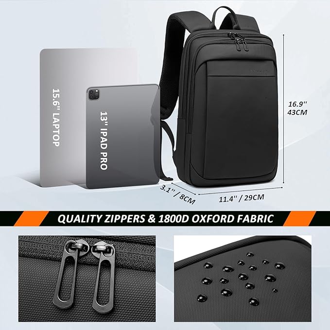 FENRUIEN Slim Laptop Backpack for Men, Water Resistant Light Weight Backpack with USB Charging Port, Black Laptop Bag 15.6 Inch