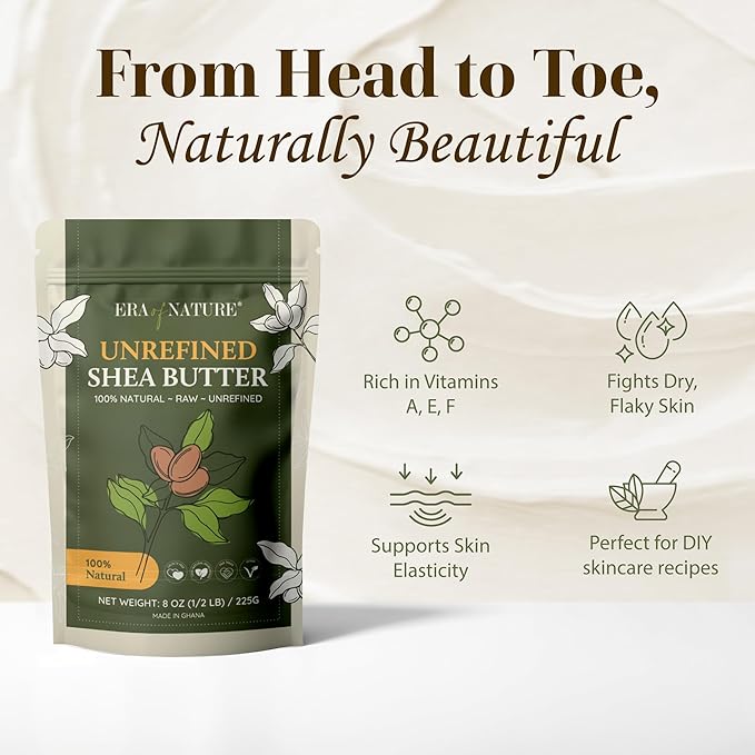 era of nature Organic Unrefined Raw African Ivory White Shea Butter 8oz - Moisturizing Raw Shea Butter Bar for Skin & Hair, DIY Lip Balm Base, Cream, Soap & Lotion Making Supplies Kit, Skincare