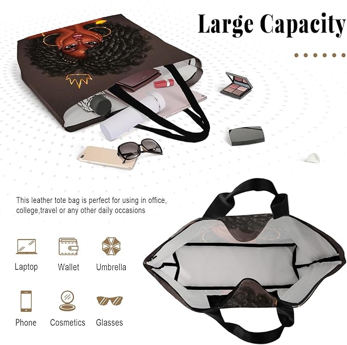 African American Women Tote Bag Black Shoulder Handbag For Women Fit Work Beach Labtops With Zip