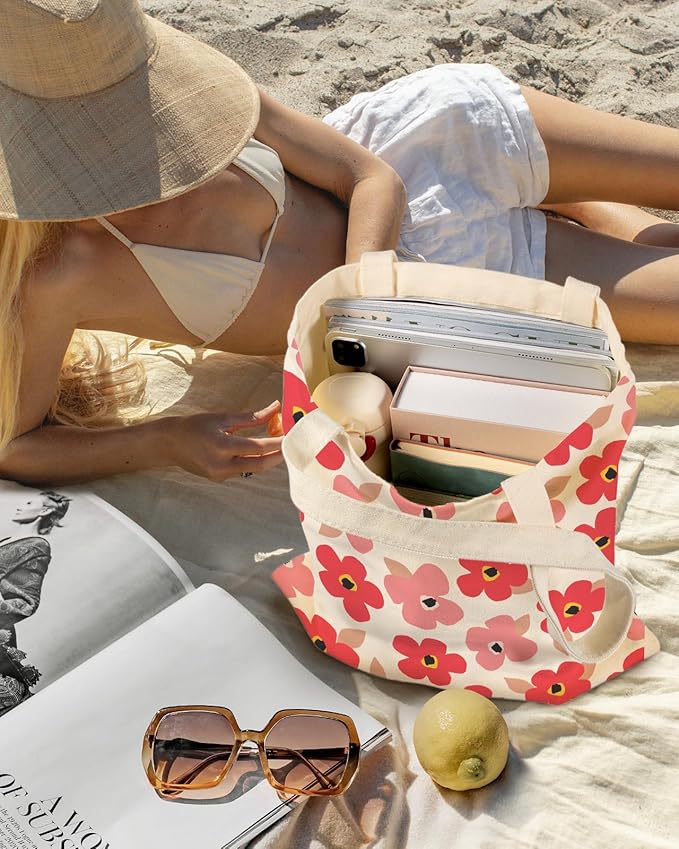 Aesthetic Canvas Tote Bag with Inner Pocket for Women, Cloth Cotton Totes Bag with Pattern for Shopping, Gym