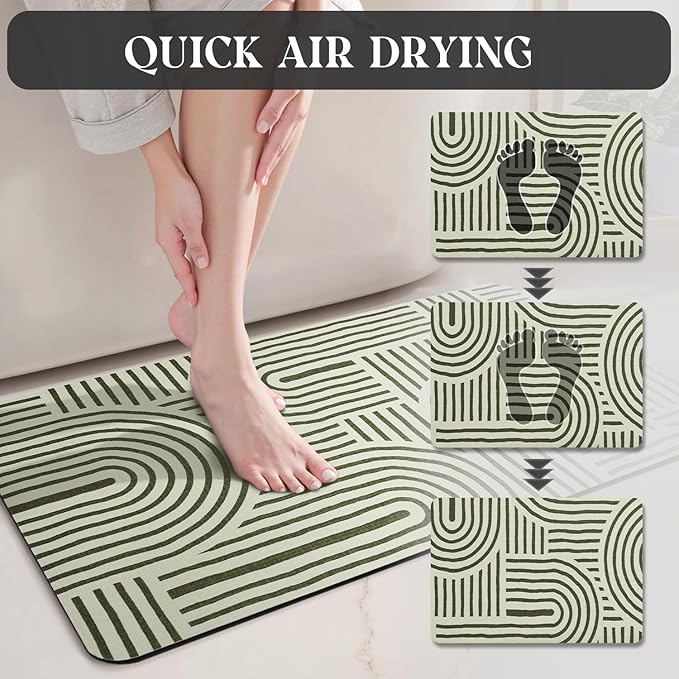 MontVoo -Bath Mat-Non Slip Thin Bathroom Rugs Fit Under Door- Quick Dry Absorbent Faux Suede Surface Grey Bathroom Floor Mats-Shower Rug for in Front of Bathtub Shower Ivory & Green Arched 17x27.5